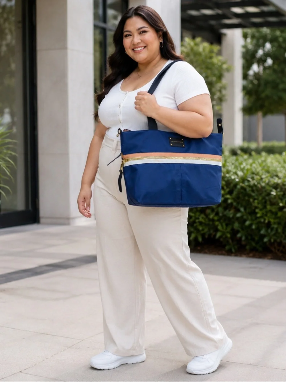 ADRIENNE VITTADINI  Navy Tote Bag with Metallic Trim - Classic Women's Shoulder